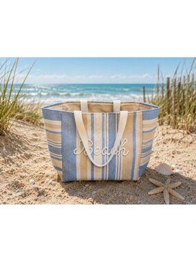 New Blue White Stripped Beach Tote Bag Rope BEACH Canvas Shoulder Tote Pool Bag